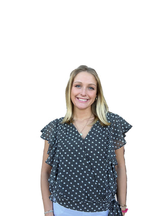 Liverpool Black and White Plaid Short Ruffle Sleeve Draped Front Woven Blouse