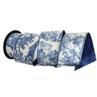4" Blue & White Velvet Toile Ribbon - Sold by the Foot