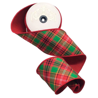 4" Dupion Diagonal Red, Green & White Asher Plaid with Red Back Ribbon - SOLD BY THE FOOT