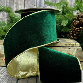 4" Forest Green Lush Velvet Metallic Light Gold Back Ribbon - Sold by the Foot