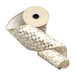 4" Gold & White Floral Glitter Taffeta Ribbon Sold by the Foot