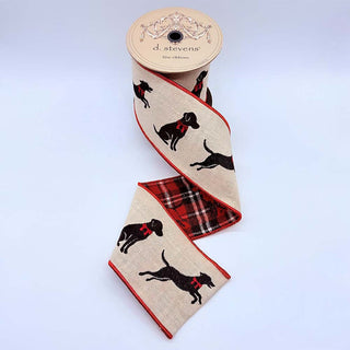 4" Linen Embroidered Black Lab with Plaid Back Ribbon - SOLD BY THE FOOT natural beige black red dog