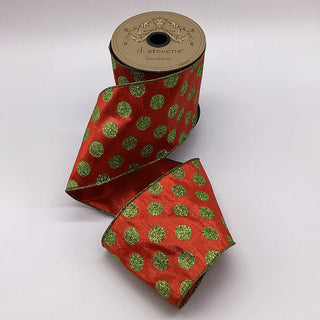 4" Metallic Dupion Red with Lime Green Glitter Dots Ribbon - SOLD BY THE FOOT