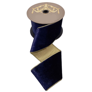 4" Navy Blue Ice Velvet Metallic Gold Back Ribbon