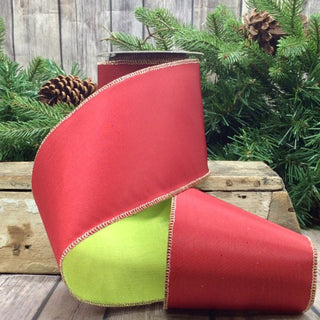 4" Red and Lime Green Taffeta Ribbon - SOLD BY THE FOOT Christmas