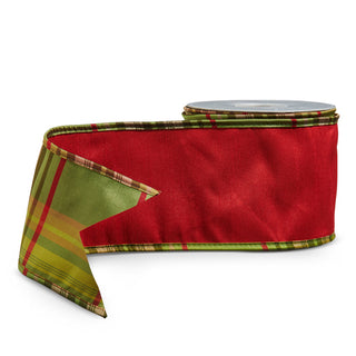 4" Red with Plaid Back Wired Ribbon - SOLD BY THE FOOT green and red plaid Christmas festive