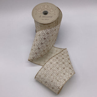 4" Satin Gold Glitter and Ivory Quatrefoil Ribbon - SOLD BY THE FOOT