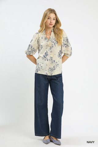 Navy Floral Embroidered Blouse with Ruffle Trim