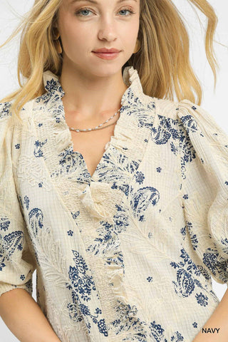 Navy Floral Embroidered Blouse with Ruffle Trim