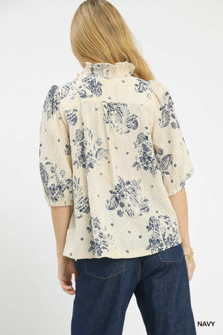 Navy Floral Embroidered Blouse with Ruffle Trim