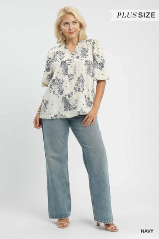 Navy Floral Embroidered Blouse with Ruffle Trim