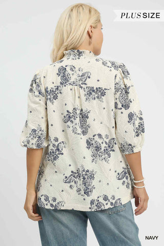 Navy Floral Embroidered Blouse with Ruffle Trim
