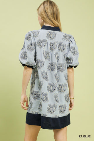 Light Blue Embroidered V-Neck Mini Dress