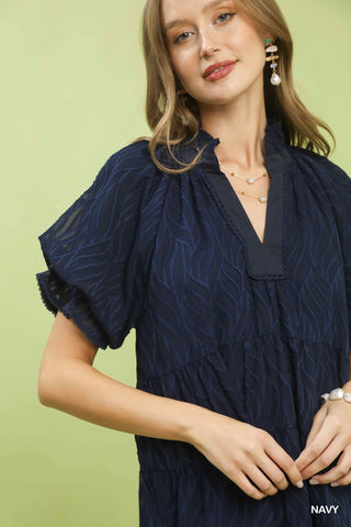 Navy Textured Tiered Ruffle Collar Mini Dress
