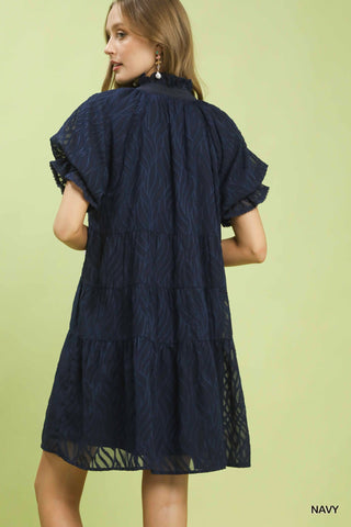 Navy Textured Tiered Ruffle Collar Mini Dress