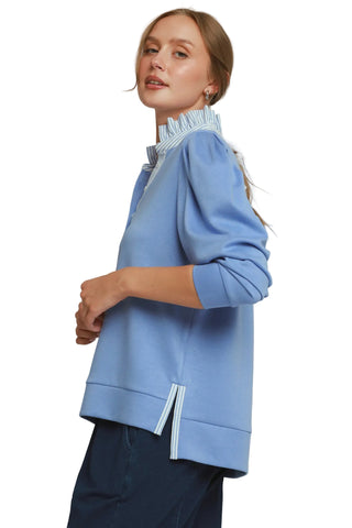 Luxeknit Stripe Ruffle Neck Long Sleeve Top in Periwinkle Blue