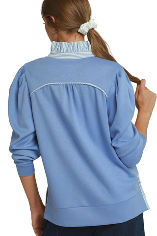 Luxeknit Stripe Ruffle Neck Long Sleeve Top in Periwinkle Blue