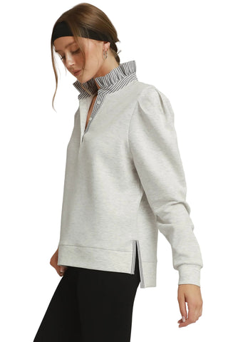 Luxeknit Stripe Ruffle Neck Long Sleeve Top in Heathered White