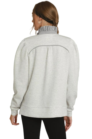 Luxeknit Stripe Ruffle Neck Long Sleeve Top in Heathered White