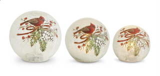 Round Clear Glass LED Cardinal & Pinecone Globe with Timer Assorted
