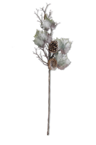 Snowy Grapevine Stem w/Bird Nest & Pinecones 40"