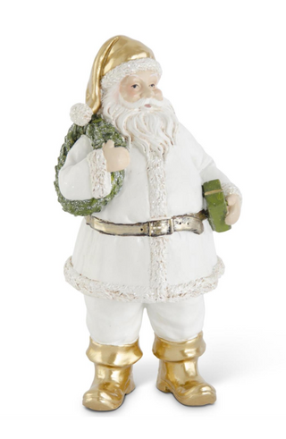 White & Gold Resin Santa w/Wreath & Package