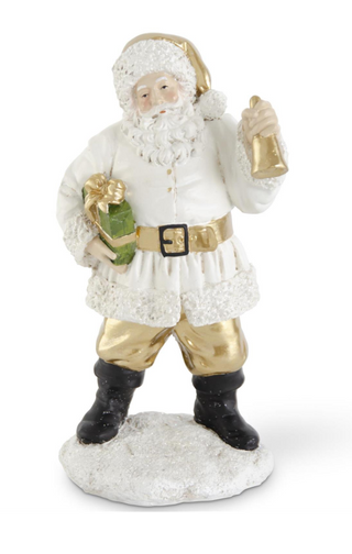 White & Gold Resin Santa w/Package and Bell