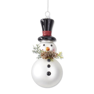 Matte White Blown Glass Snowman Ornament with Pinecones