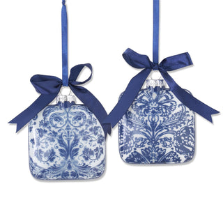 Blue & White Floral Print Square Glass Ornament Assorted