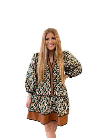 Printed dress with colors of green, brown, black
Long sleeve with a slight v neck, knee length 