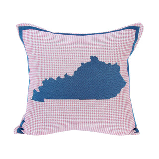 pink plaid kentucky state pillow with a blue state of kentucky 