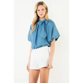THML Blue Puff Sleeve Tie Knot Collar Top