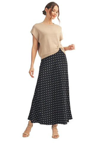 Mermaid Line Polka Dot Satin Maxi Skirt in Black