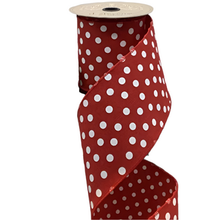 Red Faux Linen Large Dots Ribbon with Small White Dots on the Back - SOLD BY THE FOOT