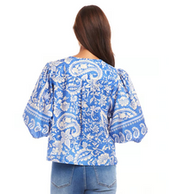 Load image into Gallery viewer, Karen Kane Puff Sleeve Button-Front Shirt, Blue Floral Paisley
