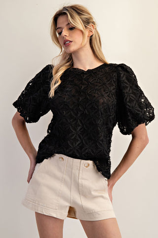 Floral Lace Blouse Tie Back in Black