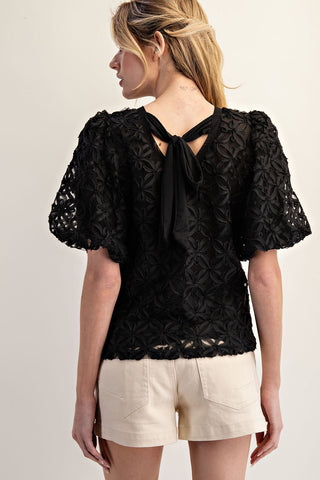 Floral Lace Blouse Tie Back in Black