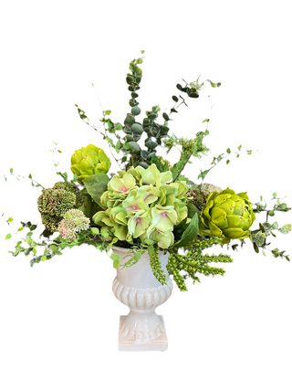 Green Arrangement in White Pot