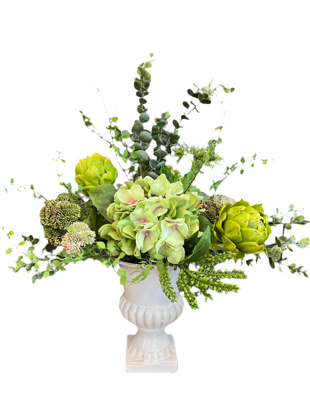 Green Arrangement in White Pot