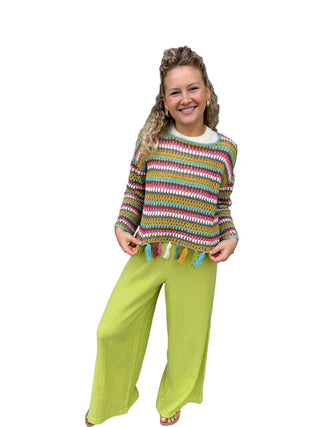 Tribal Multicolor Crochet Bell Sleeve Sweater with Tassels in Aqua Sky