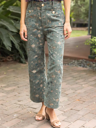 Abstract Velvet Jaquard Wide Leg Pants in Olive