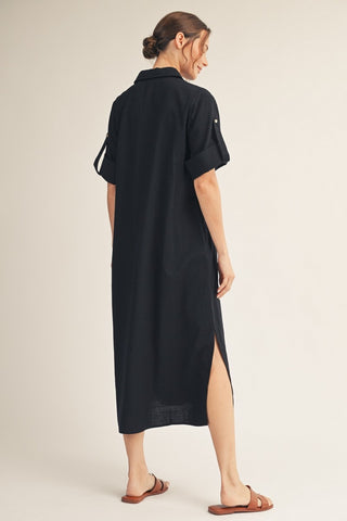 Black Side Slit Detail Button Down Woven Midi Dress