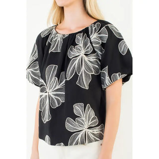 Black Puff Sleeve Floral Embroidery Detail Top