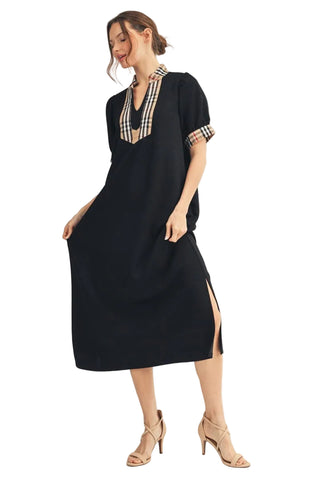 Classic Check Contrast Solid Midi Dress in Black