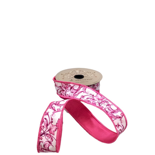 Pink & White Acanthus Scroll Chinoiserie Taffeta Ribbon - SOLD BY FOOT