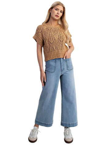 Cable Knit Short Sleeve Sweater in Camel
