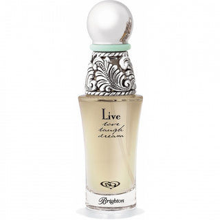 A bottle of Brighton Live Eau De Parfum with a decorative cap and a label that reads 'Live laugh dream'. The perfume bottle is clear, showcasing the liquid inside, and has a ornate design on the cap.