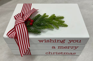 White Wood Faux Books with Red & White Stripe Ribbon & Pine