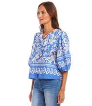 Load image into Gallery viewer, Karen Kane Puff Sleeve Button-Front Shirt, Blue Floral Paisley
