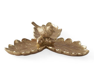 Gold Resin Leaf Tray with Bird and Acorns